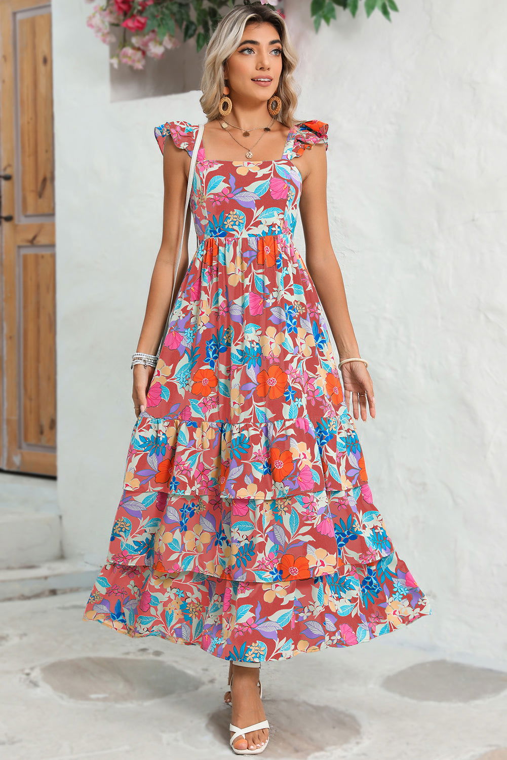 Pink Floral Print Sleeveless Ruffle Tiered Maxi Dress - Vesteeto