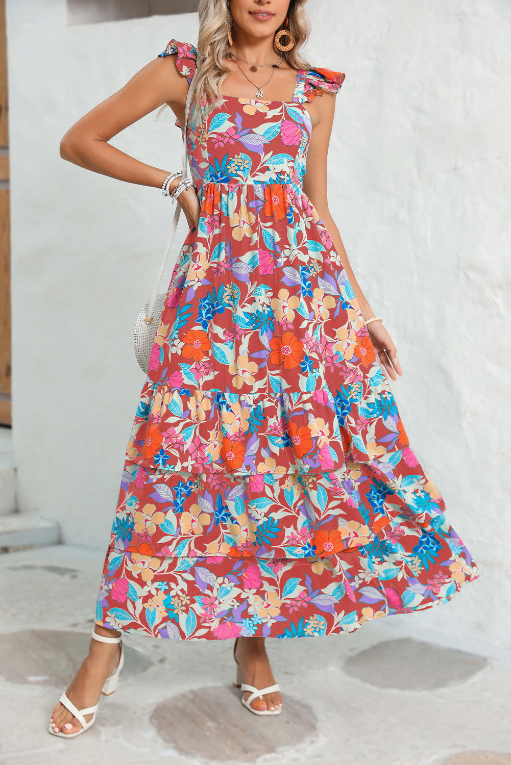 Pink Floral Print Sleeveless Ruffle Tiered Maxi Dress - Vesteeto