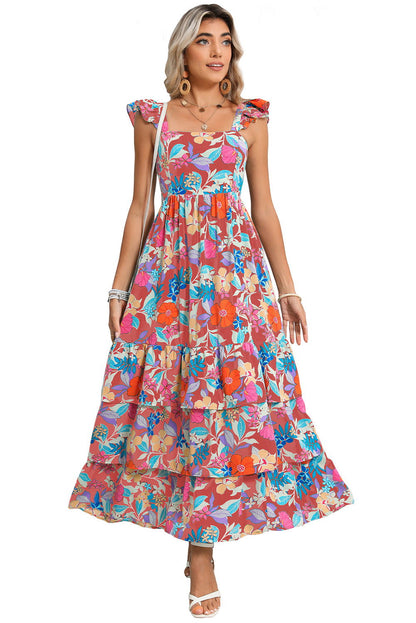 Pink Floral Print Sleeveless Ruffle Tiered Maxi Dress - Vesteeto