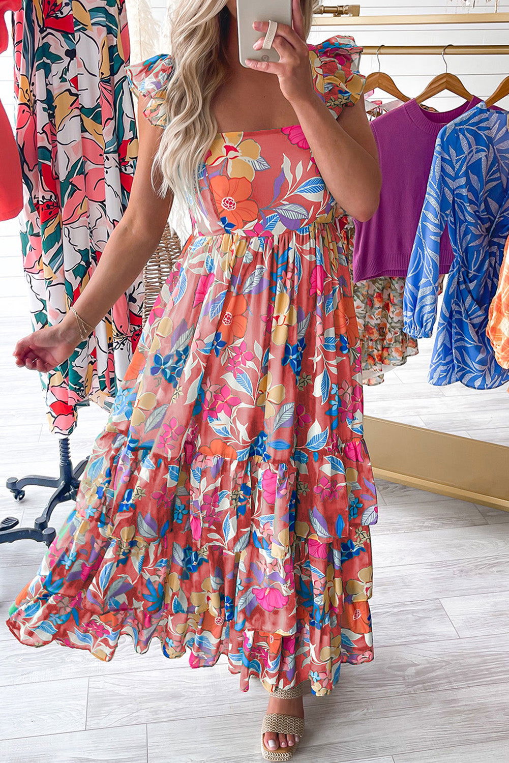 Pink Floral Print Sleeveless Ruffle Tiered Maxi Dress - Vesteeto