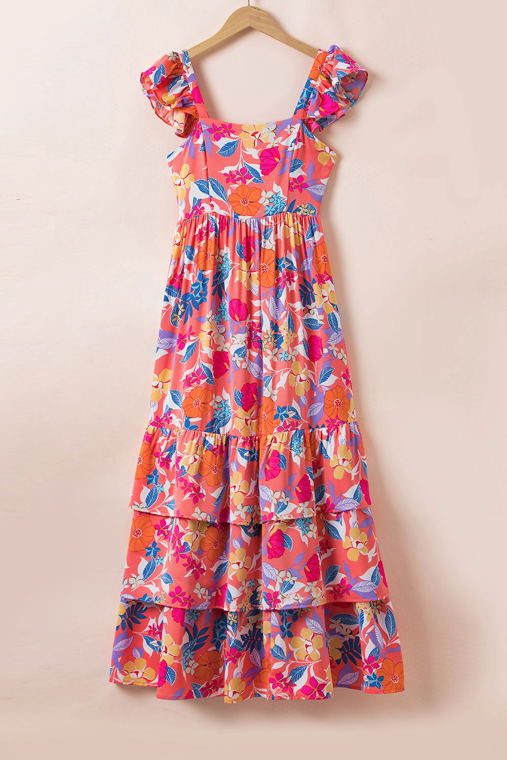 Pink Floral Print Sleeveless Ruffle Tiered Maxi Dress - Vesteeto