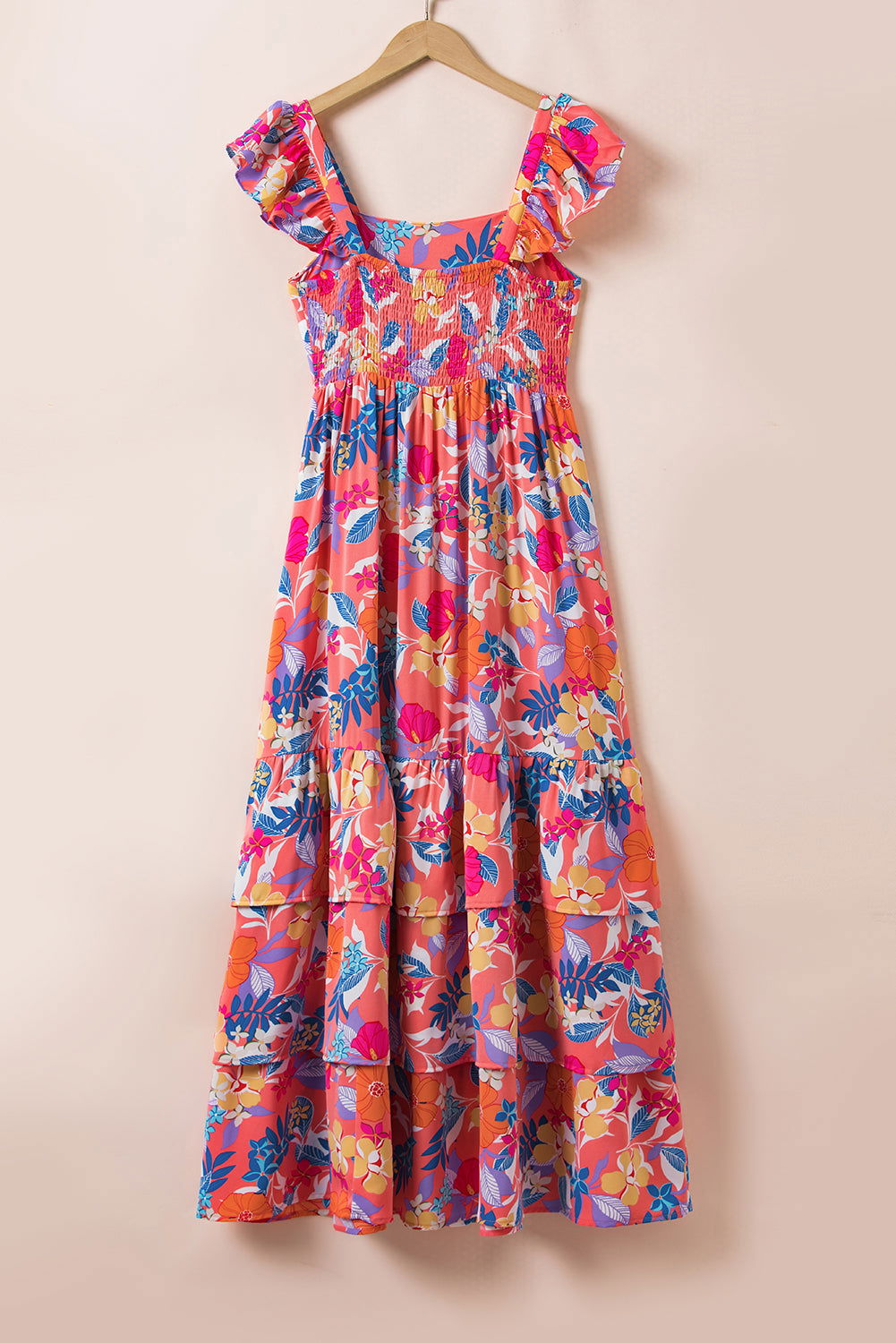 Pink Floral Print Sleeveless Ruffle Tiered Maxi Dress - Vesteeto