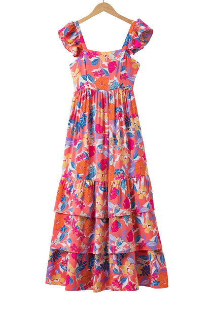 Pink Floral Print Sleeveless Ruffle Tiered Maxi Dress - Vesteeto