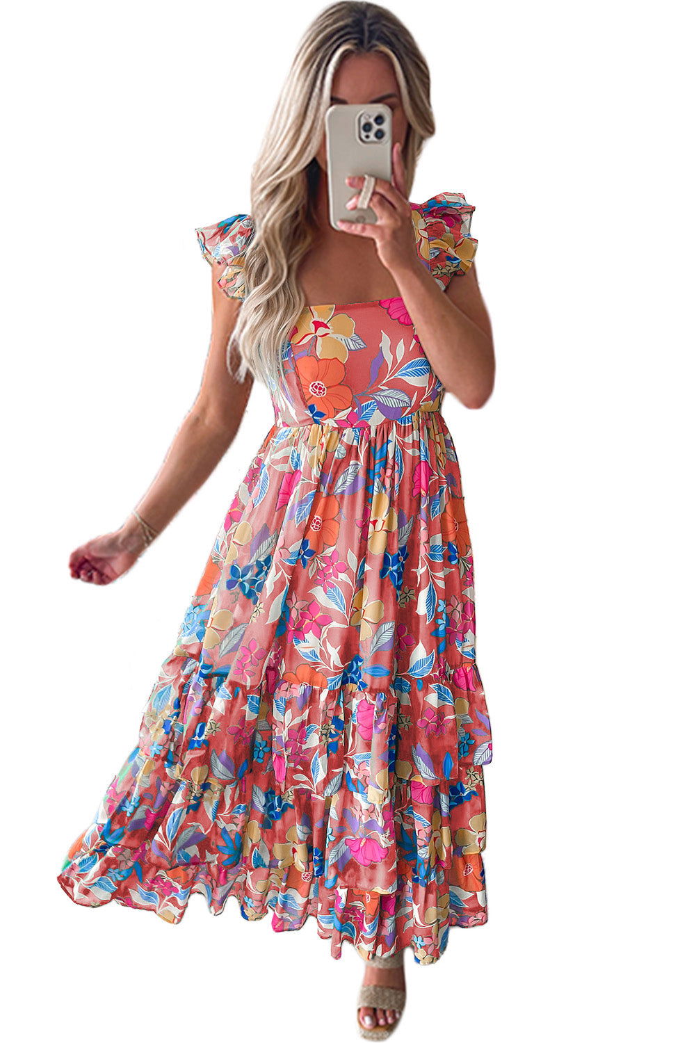 Pink Floral Print Sleeveless Ruffle Tiered Maxi Dress - Vesteeto