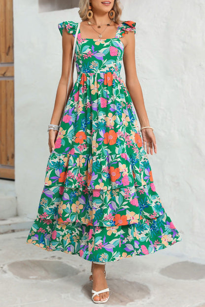 Pink Floral Print Sleeveless Ruffle Tiered Maxi Dress - Vesteeto