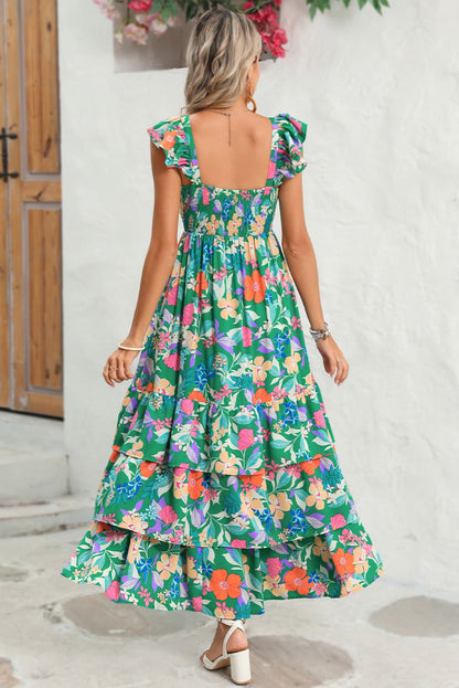 Pink Floral Print Sleeveless Ruffle Tiered Maxi Dress - Vesteeto