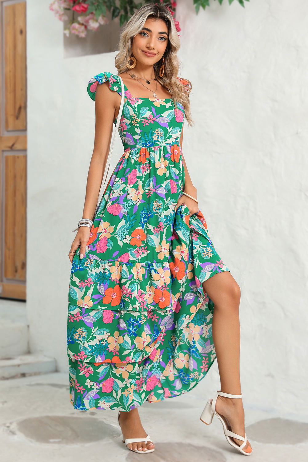 Pink Floral Print Sleeveless Ruffle Tiered Maxi Dress - Vesteeto