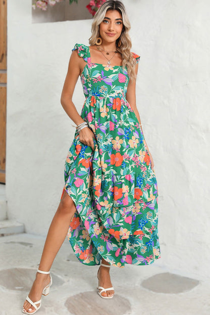 Pink Floral Print Sleeveless Ruffle Tiered Maxi Dress - Vesteeto