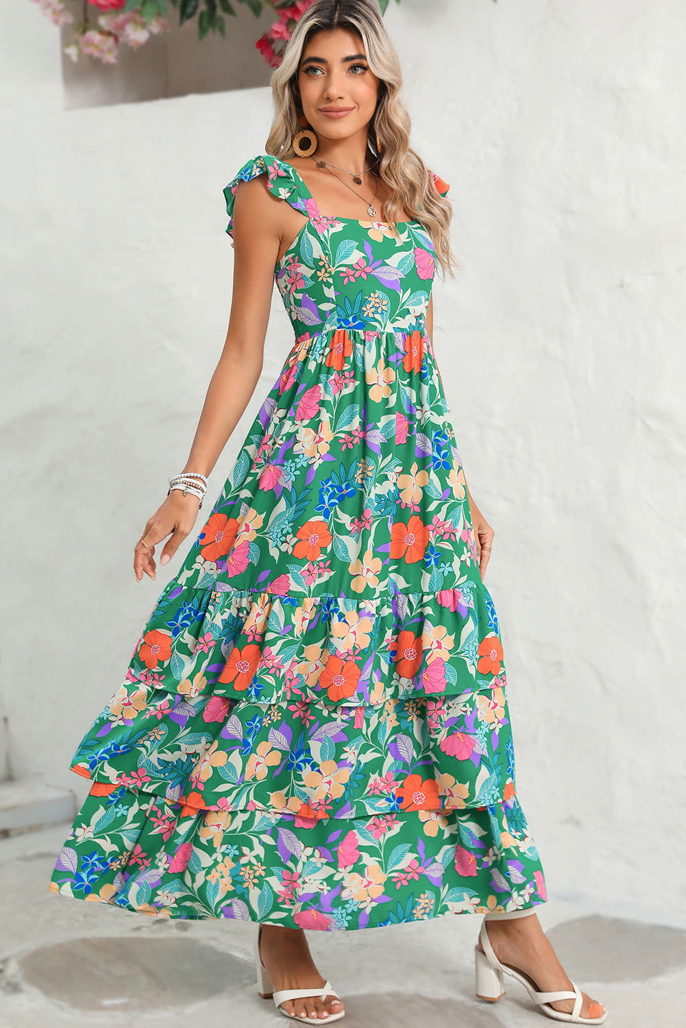 Pink Floral Print Sleeveless Ruffle Tiered Maxi Dress - Vesteeto