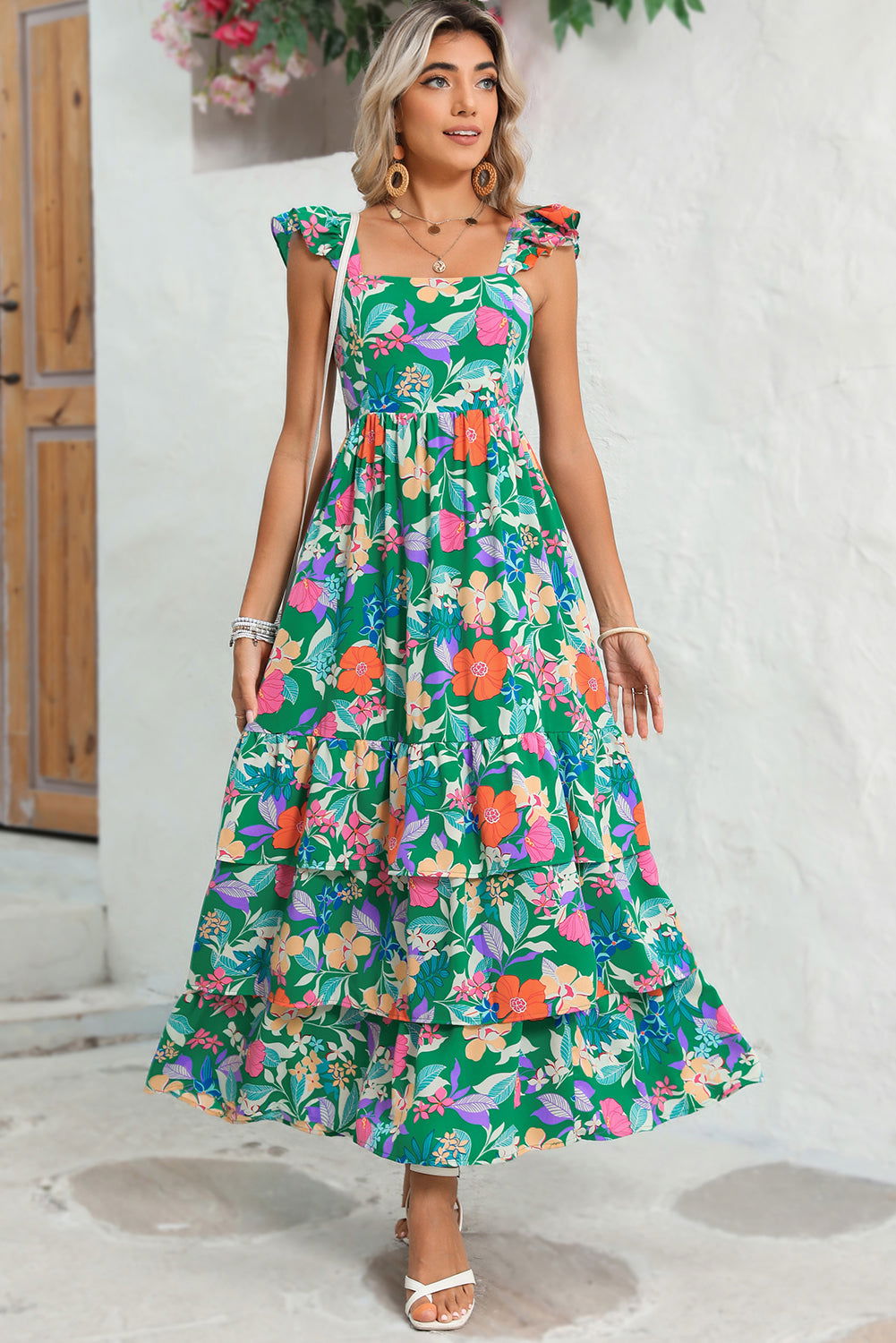 Pink Floral Print Sleeveless Ruffle Tiered Maxi Dress - Vesteeto