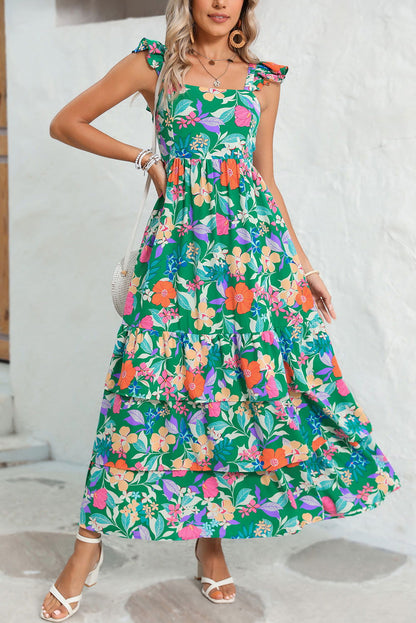 Pink Floral Print Sleeveless Ruffle Tiered Maxi Dress - Vesteeto