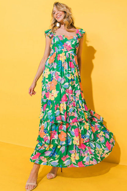 Pink Floral Print Sleeveless Ruffle Tiered Maxi Dress - Vesteeto