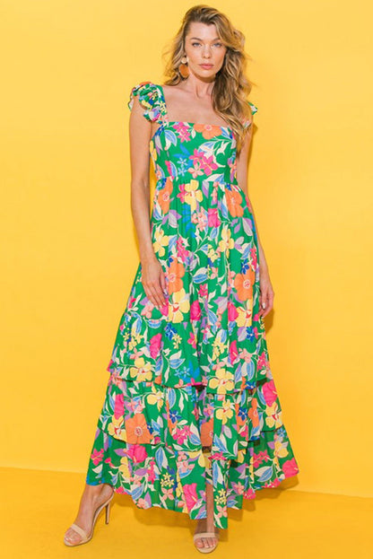 Pink Floral Print Sleeveless Ruffle Tiered Maxi Dress - Vesteeto