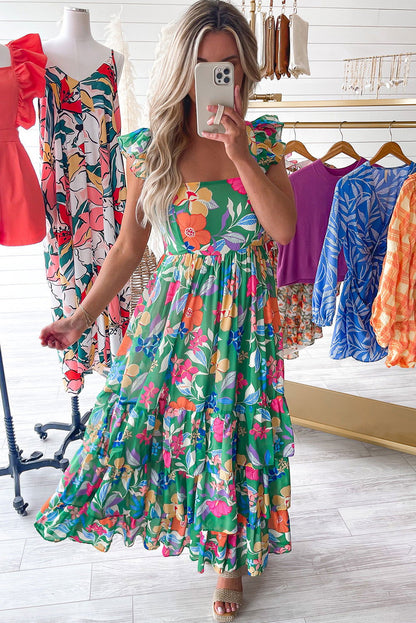 Pink Floral Print Sleeveless Ruffle Tiered Maxi Dress - Vesteeto