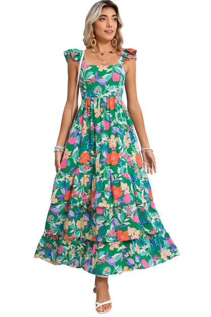 Pink Floral Print Sleeveless Ruffle Tiered Maxi Dress - Vesteeto