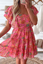 Pink Floral Print Square Neck Ruffle Sleeve Tiered Dress - Vesteeto