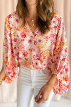 Pink Floral Print V-Neck Lantern Sleeve Blouse - Vesteeto