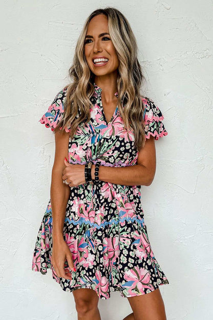 Pink Floral Print Wavy Embellished V Neck Mini Dress - Vesteeto