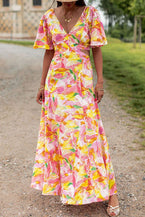 Pink Flutter Sleeve Cut-out Bohemian Floral Maxi Dress - Vesteeto