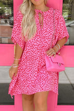 Pink Keyhole Short Sleeve Casual Leopard Print Dress - Vesteeto