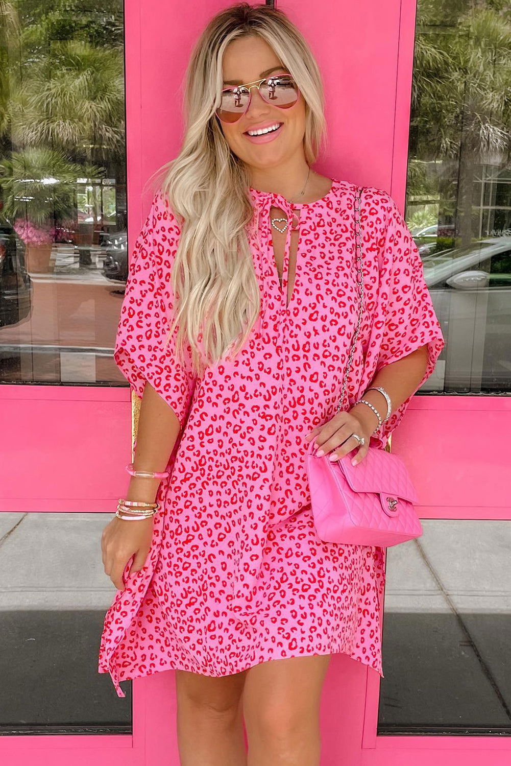 Pink Keyhole Short Sleeve Casual Leopard Print Dress - Vesteeto