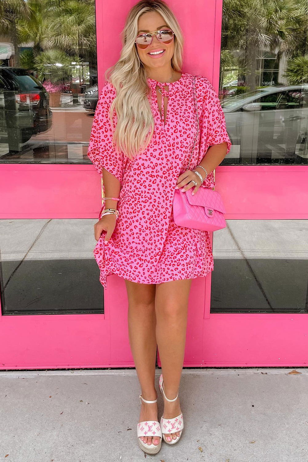 Pink Keyhole Short Sleeve Casual Leopard Print Dress - Vesteeto