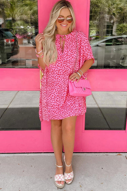 Pink Keyhole Short Sleeve Casual Leopard Print Dress - Vesteeto