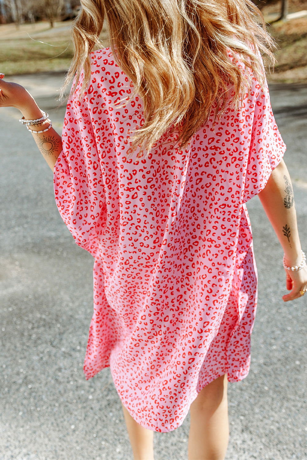 Pink Keyhole Short Sleeve Casual Leopard Print Dress - Vesteeto