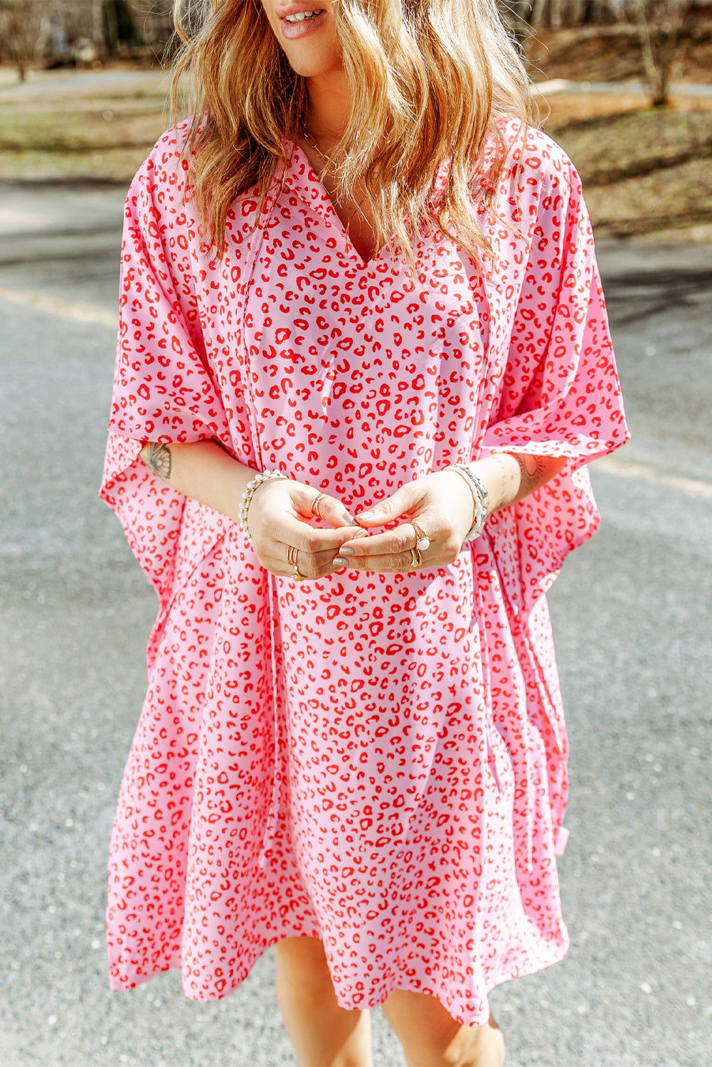 Pink Keyhole Short Sleeve Casual Leopard Print Dress - Vesteeto