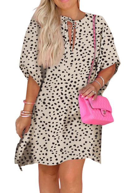 Pink Keyhole Short Sleeve Casual Leopard Print Dress - Vesteeto