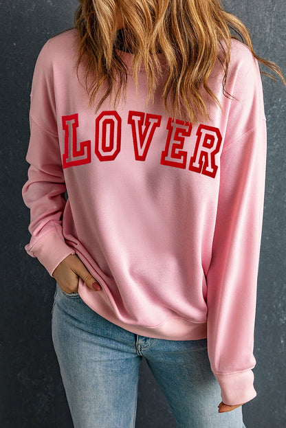 Pink LOVER Letter Graphic Drop Shoulder Pullover Sweatshirt - Vesteeto