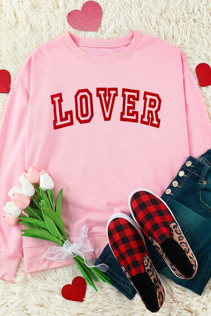 Pink LOVER Letter Graphic Drop Shoulder Pullover Sweatshirt - Vesteeto