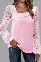 Pink Lace Patchwork Sleeve Asymmetrical Square Neck Blouse - Vesteeto