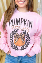 Pink Leopard Bowknot Pumpkin Graphic Crewneck Sweatshirt - Vesteeto