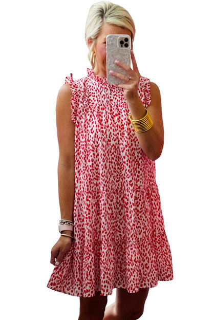 Pink Leopard Frilled Neck Shift Sleeveless Tank Short Dress - Vesteeto