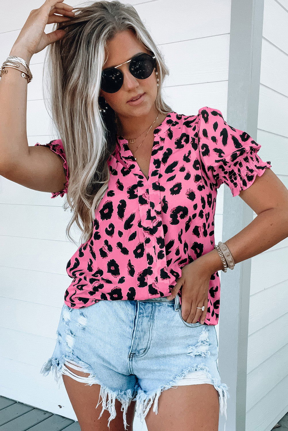 Pink Leopard Print V Neck Smocked Puff Sleeve Blouse - Vesteeto