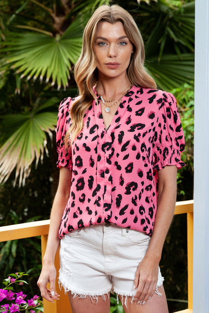 Pink Leopard Print V Neck Smocked Puff Sleeve Blouse - Vesteeto