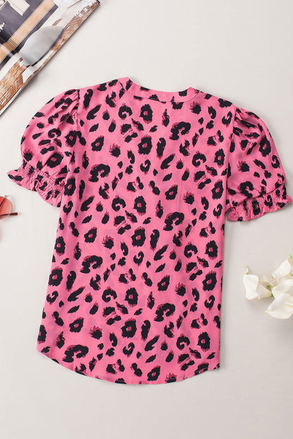 Pink Leopard Print V Neck Smocked Puff Sleeve Blouse - Vesteeto