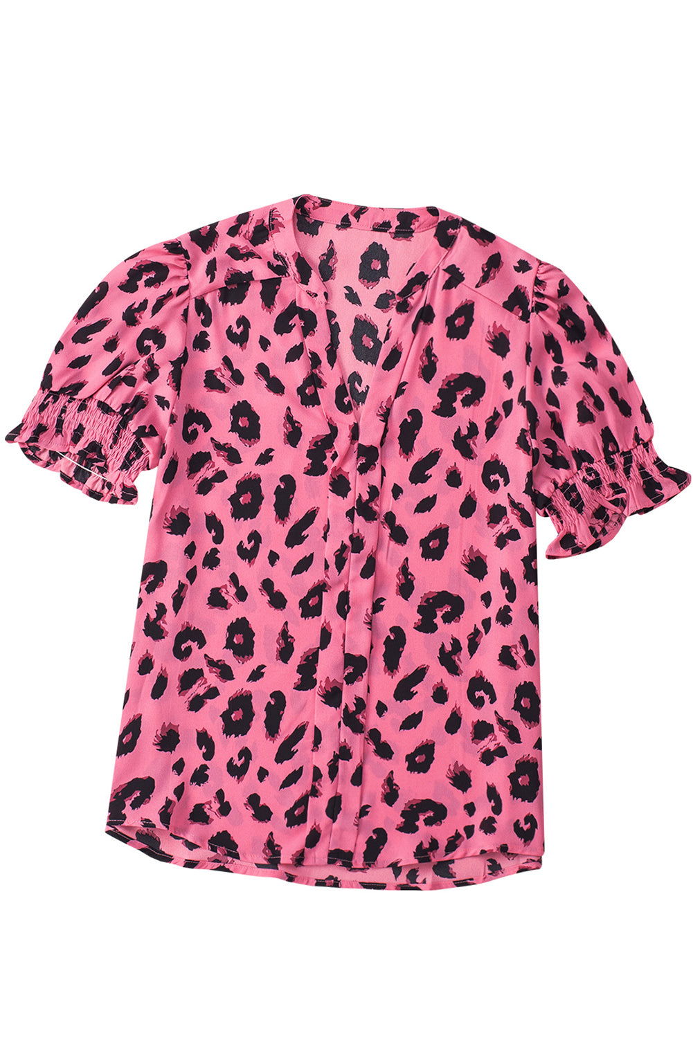 Pink Leopard Print V Neck Smocked Puff Sleeve Blouse - Vesteeto