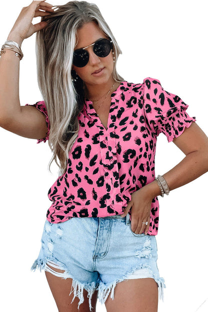 Pink Leopard Print V Neck Smocked Puff Sleeve Blouse - Vesteeto