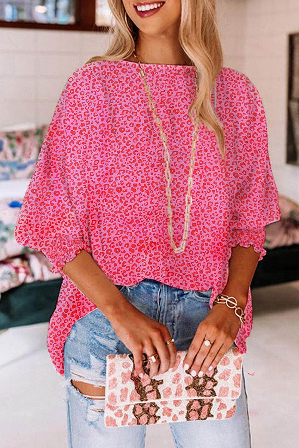 Pink Leopard Puff Sleeve Shirred Cuffs Oversized Blouse - Vesteeto