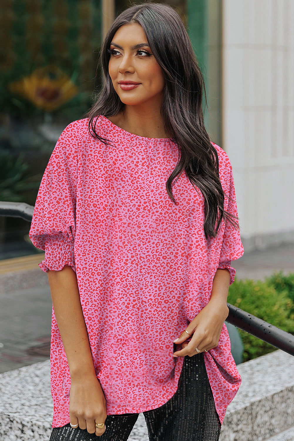 Pink Leopard Puff Sleeve Shirred Cuffs Oversized Blouse - Vesteeto