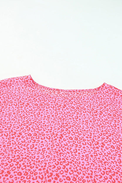 Pink Leopard Puff Sleeve Shirred Cuffs Oversized Blouse - Vesteeto