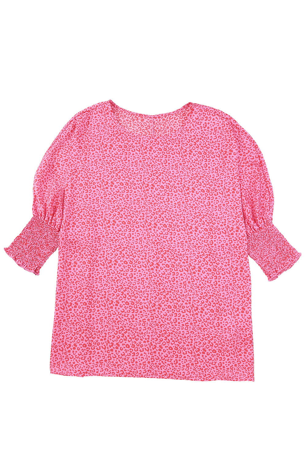 Pink Leopard Puff Sleeve Shirred Cuffs Oversized Blouse - Vesteeto