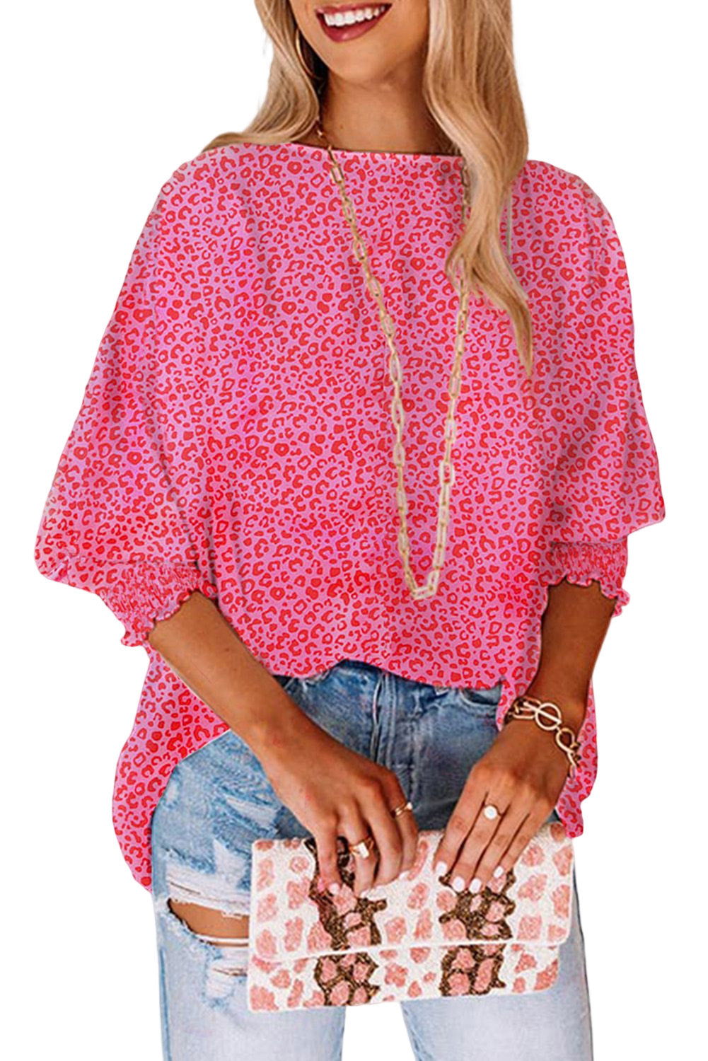 Pink Leopard Puff Sleeve Shirred Cuffs Oversized Blouse - Vesteeto