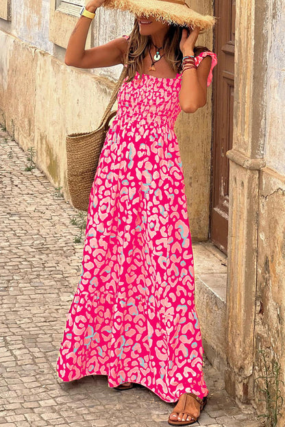 Pink Leopard Ruffle Straps Smocked High Waist Maxi Dress - Vesteeto