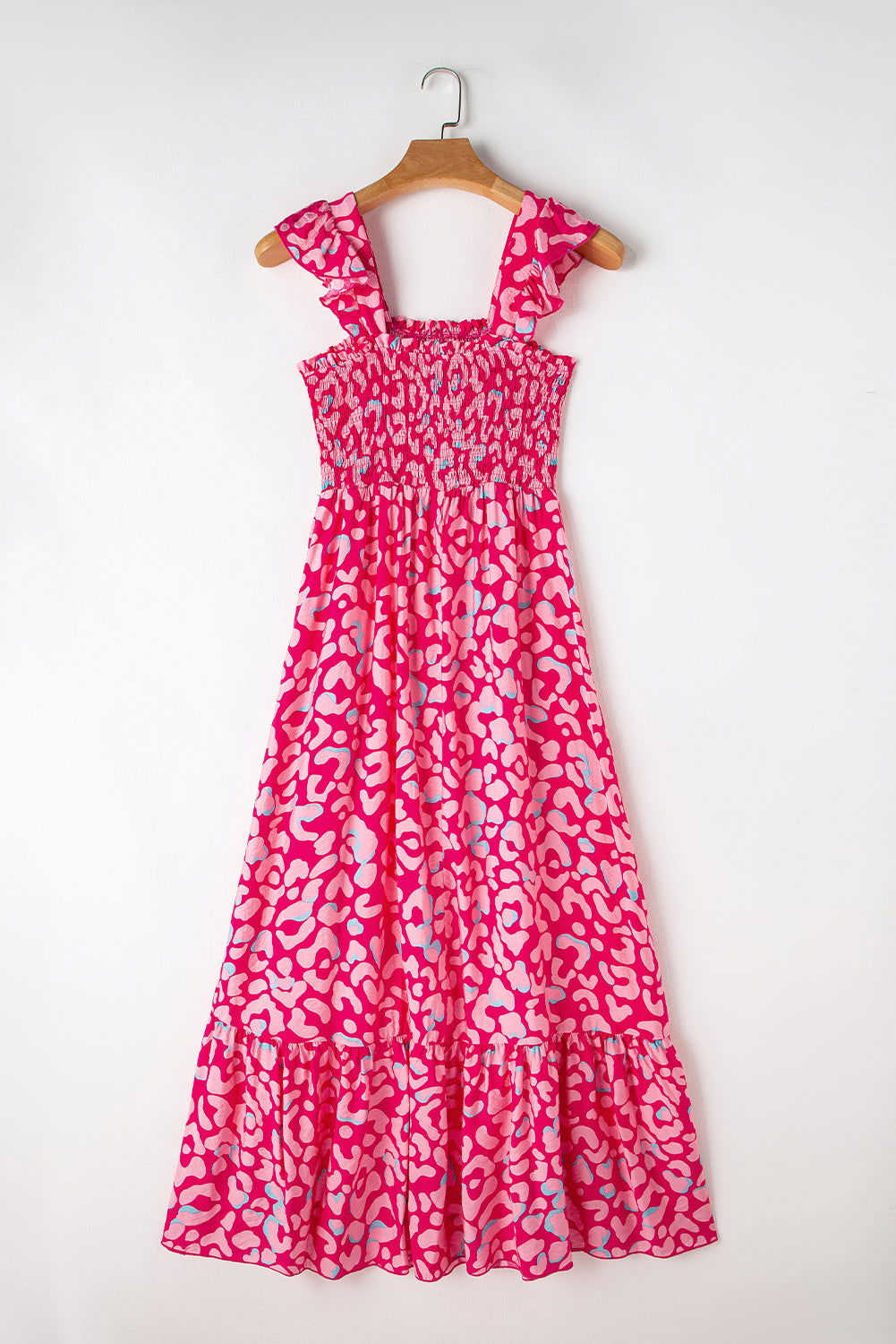 Pink Leopard Ruffle Straps Smocked High Waist Maxi Dress - Vesteeto