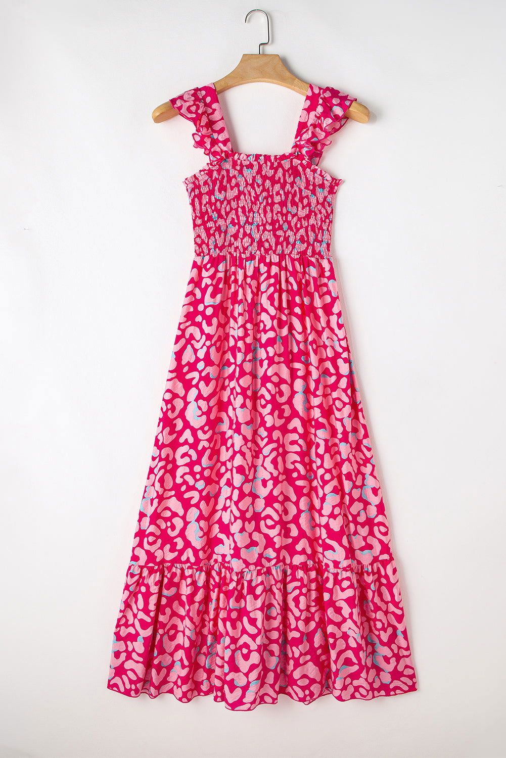 Pink Leopard Ruffle Straps Smocked High Waist Maxi Dress - Vesteeto