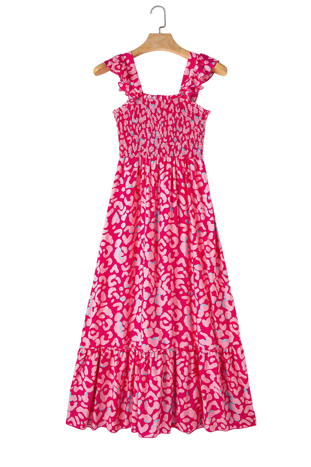 Pink Leopard Ruffle Straps Smocked High Waist Maxi Dress - Vesteeto