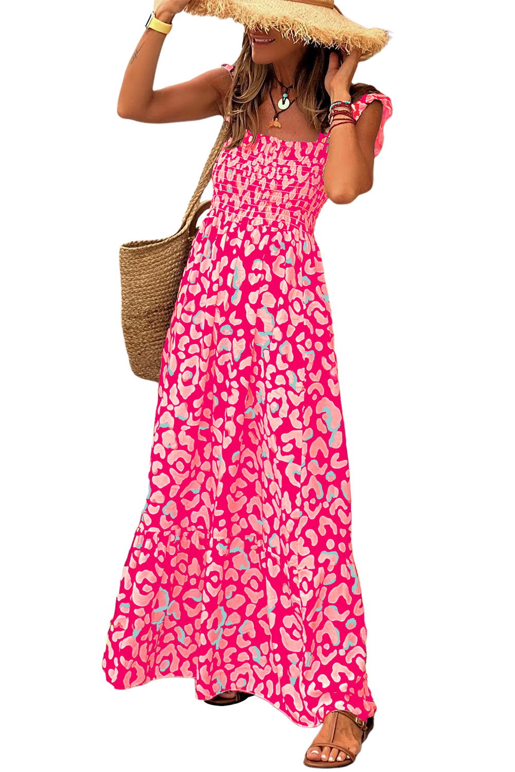 Pink Leopard Ruffle Straps Smocked High Waist Maxi Dress - Vesteeto